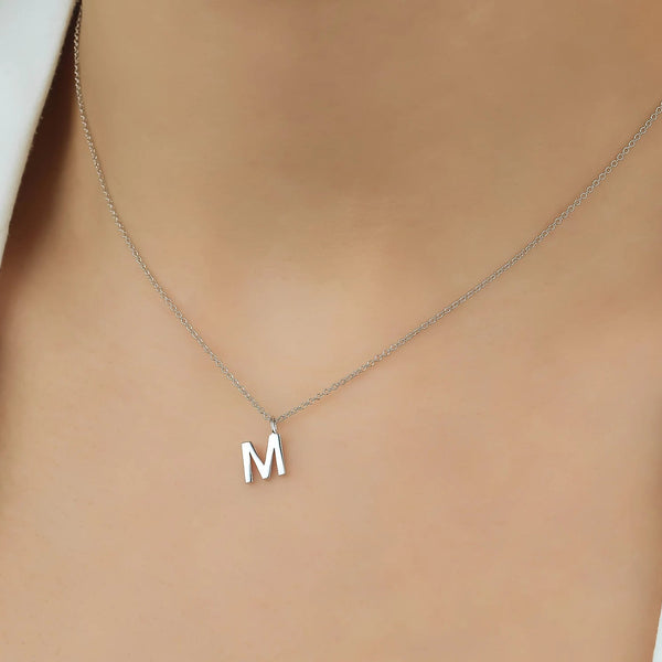 14K Solid White Gold Letter Necklace, Minimalist Initial Necklace, Letter M  Necklace, Layering Necklace, Gold Necklace